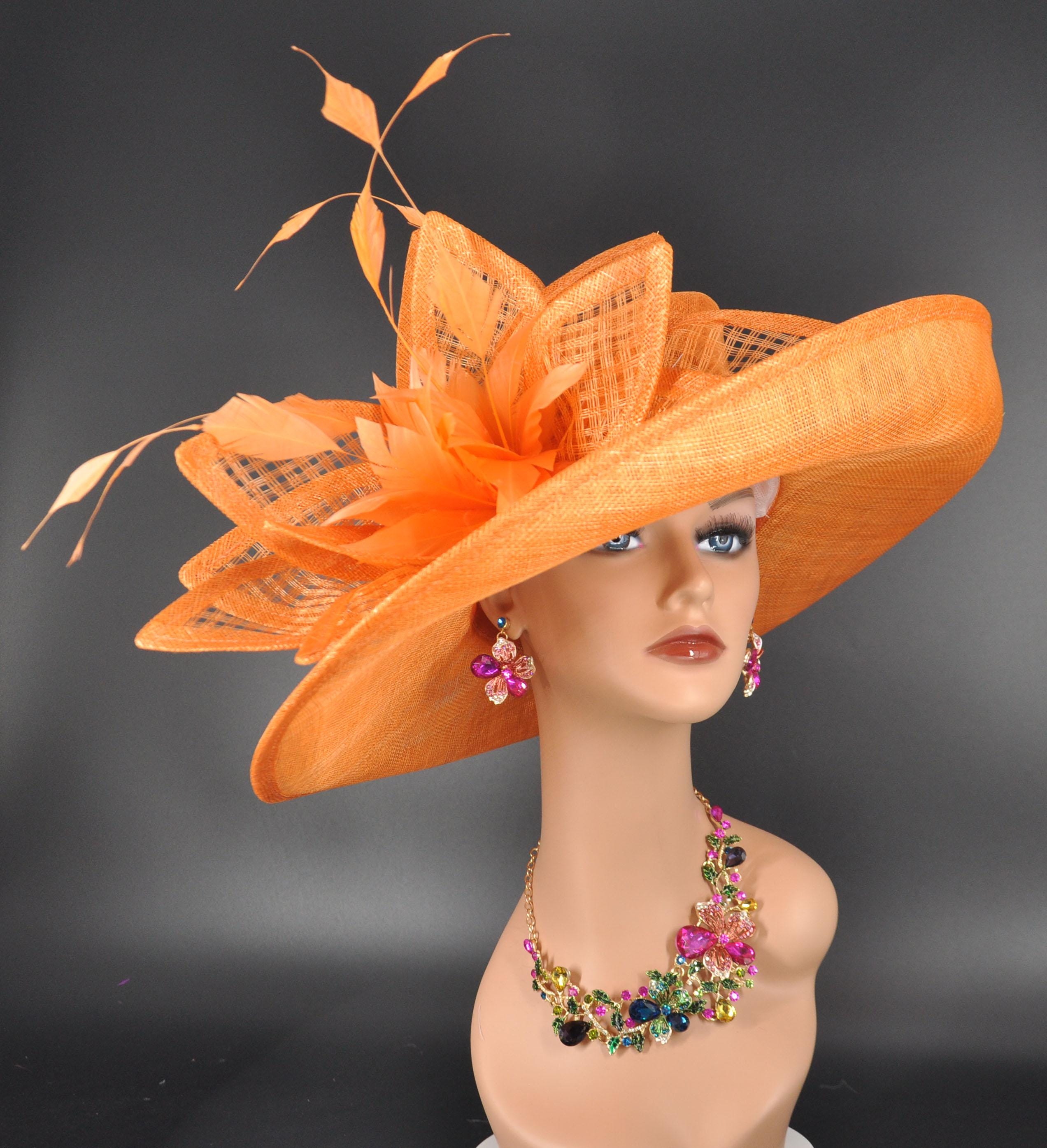 Orange Sinamay Derby Hat: Wide Brim Feathered Ascot Hat - Etsy display picture 1