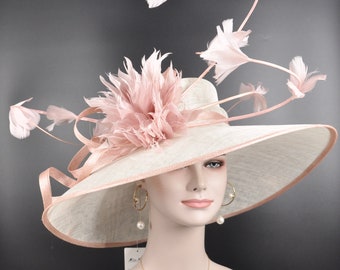 White w Blush Pink Kentucky Derby Hat, Church Hat, Wedding Hat, Easter Hat, Tea Party Hat Wide Brim Royal Ascot Horse Race Oaks day hat