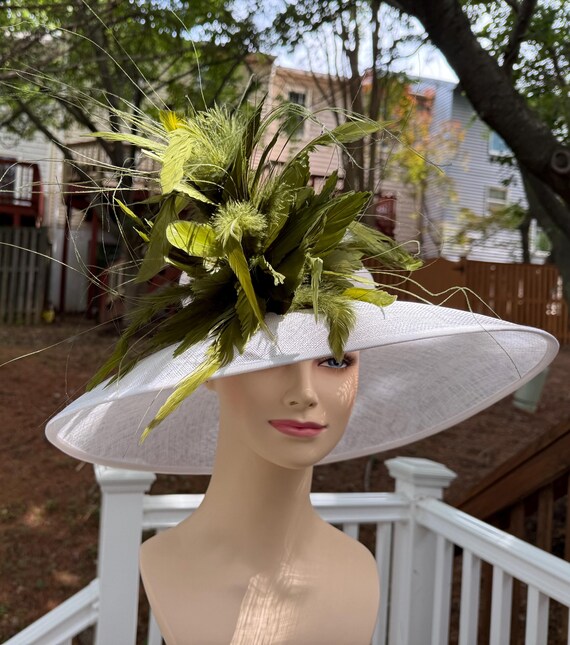 White Sinamay Derby Hat: Feather Flower Wide Brim - Etsy