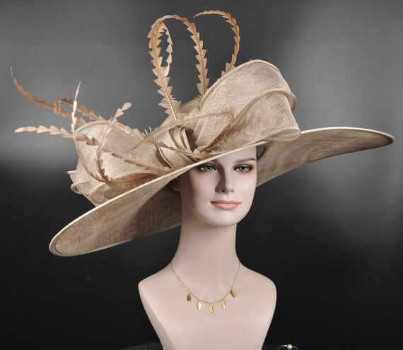 Hats by Katie Couture Sinamay Kentucky Derby Wedding Hat Taupe Brown Feather Kentucky Derby Hat Fascinator Taupe Neutral Brown Sinamay  main image 4