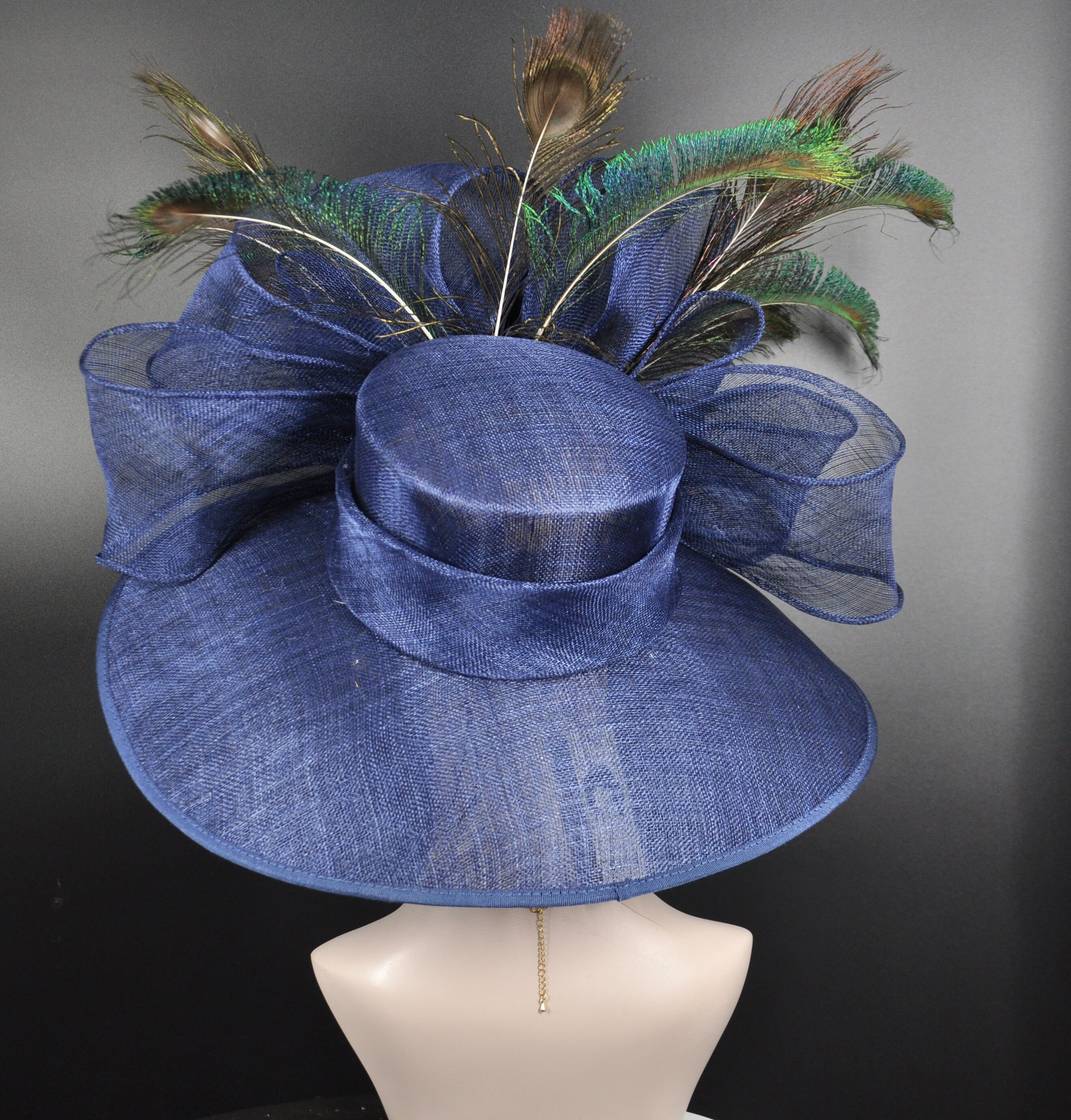 VTG Remade Blue Peacock Derby Hat Feather Rhinestone Wide Brim Church Festival Dark Blue Navy Yellow Peacock Feather Flower Wide Brim  main image 4