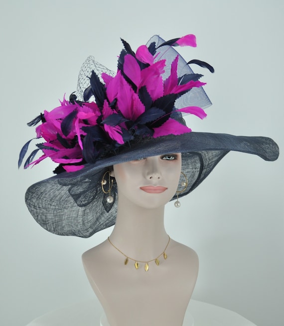 Elegant Black Summer/Derby Party Hat with gorgeous feathers and Pink Flower Black Derby Hat: Pink Flower Kentucky Derby, Tea Party - Etsy main image 4