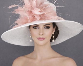Wide Brim Kentucky Derby Hat, Ascot Hat for Wedding & Tea Party, Garden Party Hat, Mother of the Bride, Church White Blush/Dusty Pink