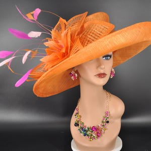 Church, Kentucky Derby Hat ,Carriage, Tea Party, Wedding, Wide Brim Sinamay Hat, Royal Ascot Hat, Horse Race Hat, Oaks day hat Orange