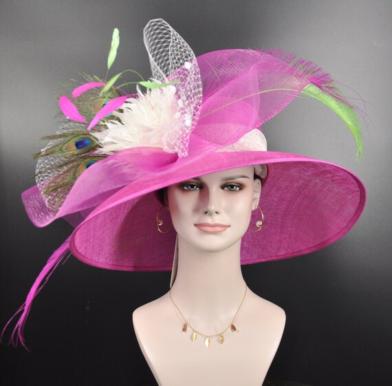 Wide Brim Sinamay Derby Hat: Hot Pink Feather Flower Church  display picture 2
