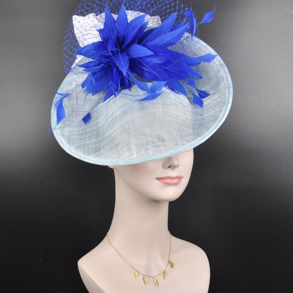 Powder Blue w IRoyal Blue White  Sinamay Disc Fascinator Hat with  Jumbo Goose Feather Flower and Silk Flower