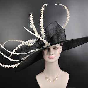 Black +Ivory Off White Kentucky Derby hat, Church hat, Wedding hat, Easter hat, Mother of Bride hat, Ascot hat, Wide Brim Sinamay Hat