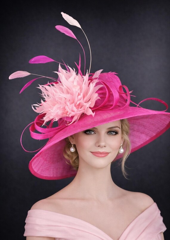 Fuchsia Pink Feather Flower Wide Brim Kentucky Derby Hat  display picture 2