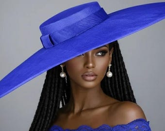 Tocado de ala ancha de sinamay de 23,5 pulgadas, estilo Derby, Ascot, elegante y llamativo, ideal para bodas, fiestas de té y carreras de caballos. Color azul real.
