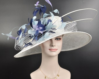 Wide Brim Sinamay Hat Church Kentucky Derby Hat Carriage Tea Party Wedding Hat  White w Navy Blue Powder Blue Lavender