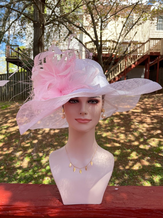 White Pink Feather Wide Brim Kentucky Derby Hat,ascot Hat  display picture 3