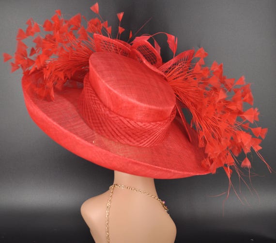 Red Wide Brim Sinamay Derby Hat, Feather & Bow Statement Hat 