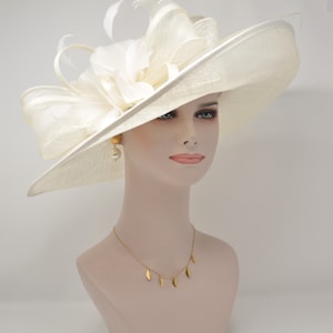 Church Kentucky Derby Hat Carriage Tea Party Wedding Wide Brim Royal Ascot Horse Race Oaks day hat Off White/Ivory image 1