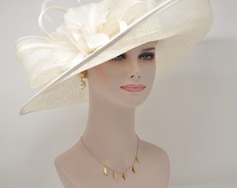 Church Kentucky Derby Hat Carriage Tea Party Wedding Wide Brim  Royal Ascot Horse Race Oaks day hat Off White/Ivory