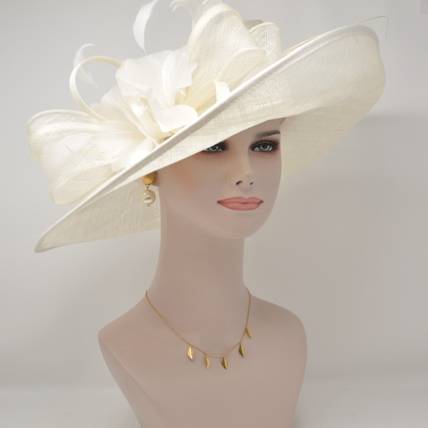 Church Kentucky Derby Hat Carriage Tea Party Wedding Wide Brim  Royal Ascot Horse Race Oaks day hat Off White/Ivory