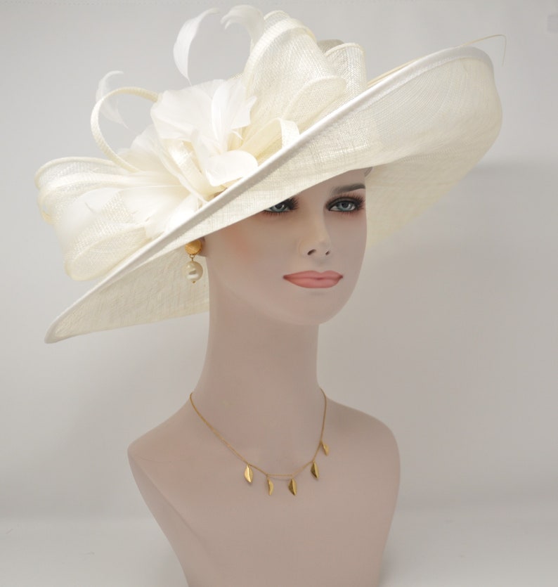 Church Kentucky Derby Hat Carriage Tea Party Wedding Wide Brim Woman's Royal Ascot Hat in Solid Sinamay Hat Off White/Ivory 