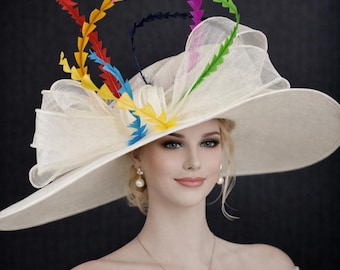 Ivoorkleurige Sinamay-hoed met brede rand voor Kentucky Derby, Ascot Royal, Tea Garden Party, Paasdag, moeder van de bruid elegante gelegenheidshoed