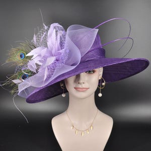 Church Kentucky Derby Hat Wide Brim Sinamay Hat  Carriage Tea Party Wedding  Purple with Lilac/Lavender Peacock Feathers
