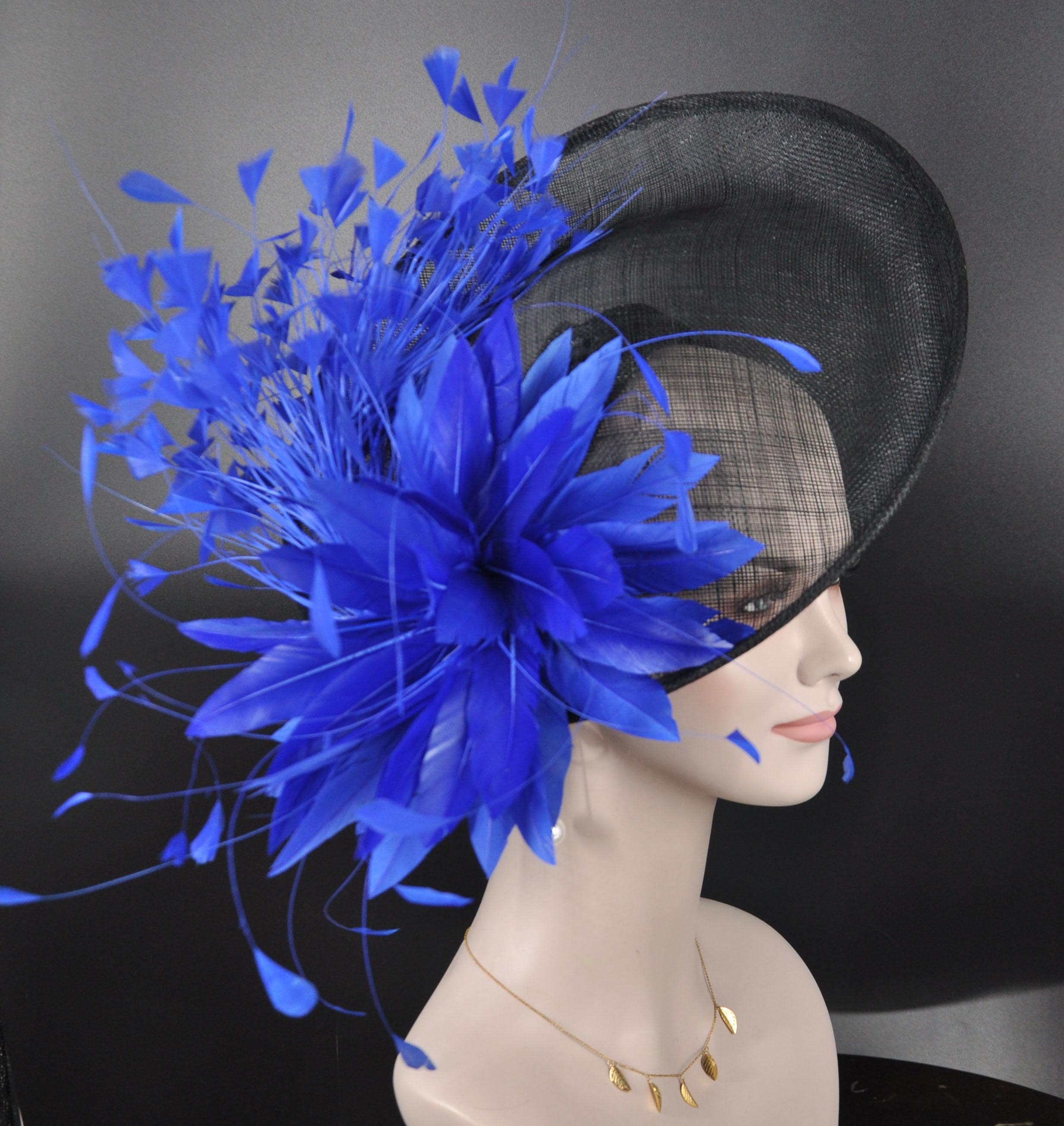 Black Sinamay Fascinator Hat: Royal Blue Feather Flower 