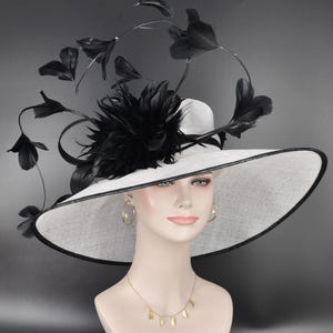 White w Black Kentucky Derby Hat, Church Hat, Wedding Hat, Easter Hat, Tea Party Hat Wide Brim Royal Ascot Horse Race Oaks day hat