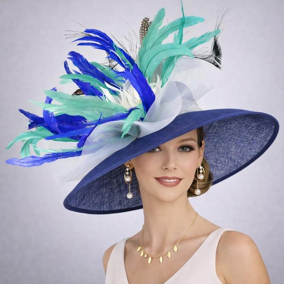 Royal Blue Teal Blue White Wide Brim Sinamay Hat for 