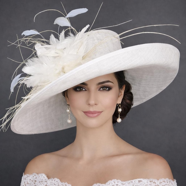 White Sinamay Derby Hat: Feather Flower, Wide Brim