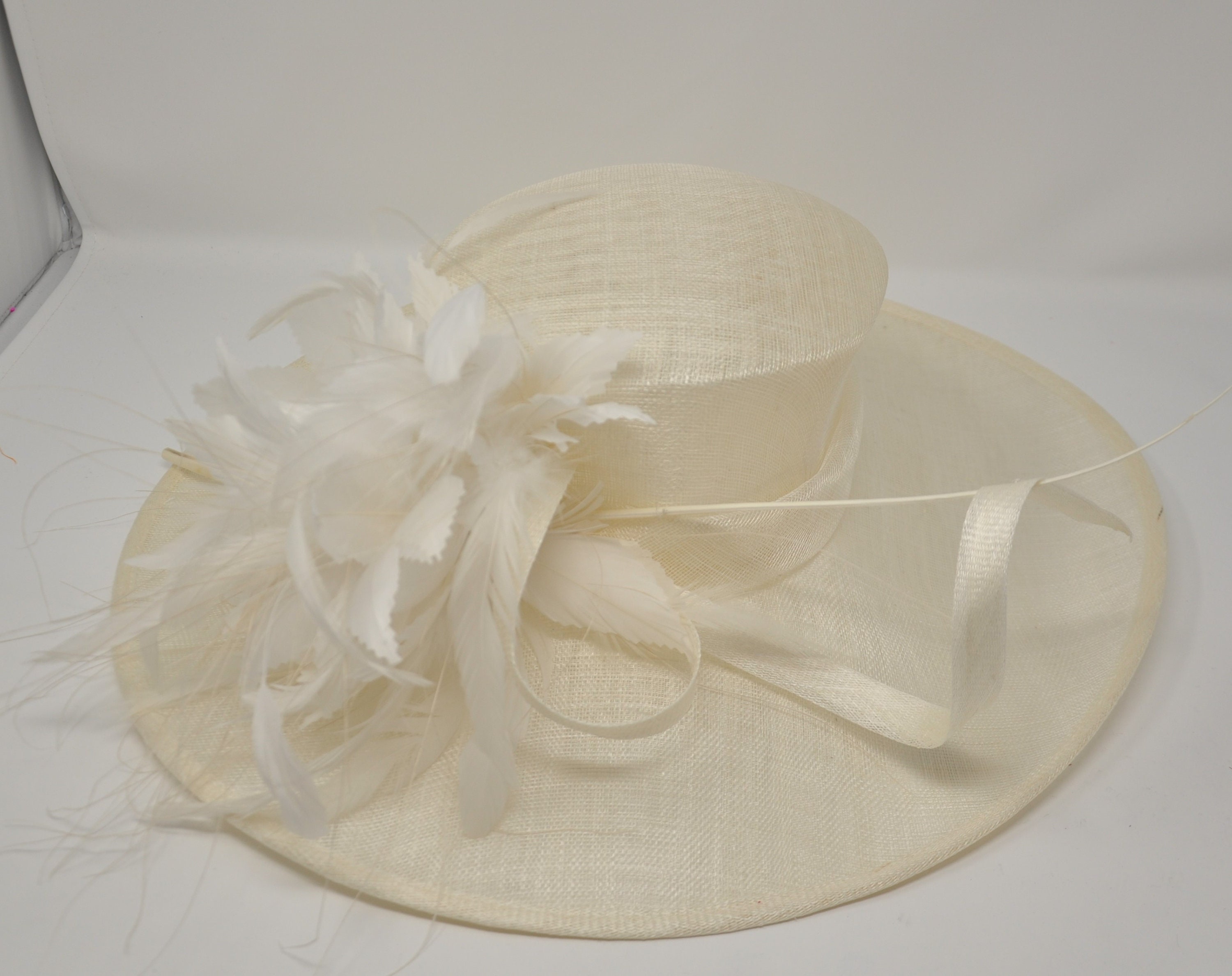 Off White / Ivory Wide Brim Sinamay Hat Feather Flower and