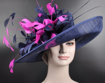 Church Kentucky Derby Hat Carriage Tea Party Wedding Wide Brim Sinamay Hat Navy Blue W Navy Blue Fuchsia Feather Flower