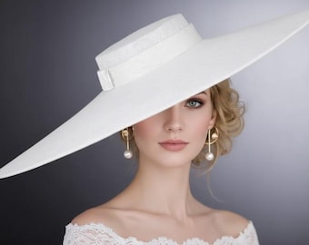 Wide Brim Fascinator Hat For Kentucky Derby , Ascot Hat for Wedding & Tea Party, Garden Party Hat, Mother of the Bride, Church White