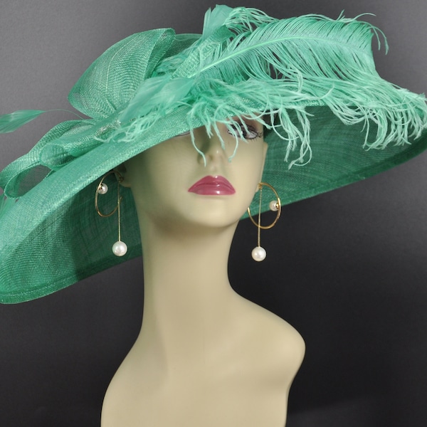 Jade Green Wide Brim Sinamay Hat Church Kentucky Derby Hat Carriage Tea Party Wedding  Rhinstones w Sinamay Bow Ostrich Feather