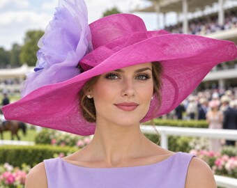 Fuchsia Pink Lavender Silk Flower  Wide Brim Sinamay hat, Kentucky derby Hat, Wedding Guest Hat, Tea Party Hat, Ascot Royal Hat,Oaks Day