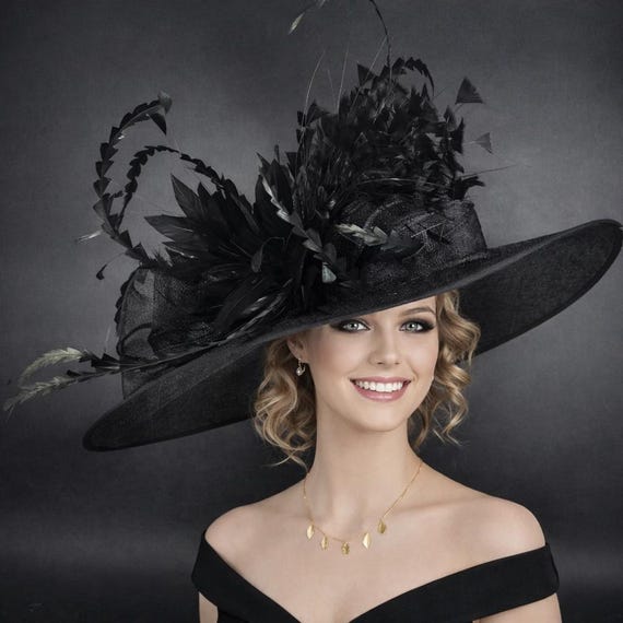 Black Floral Derby Hat Wide Brim Church Tea Party Wedding Fascinator Vintage Sty Black White Wide Brim Kentucky Derby or Ascot Hat Floral  main image 4