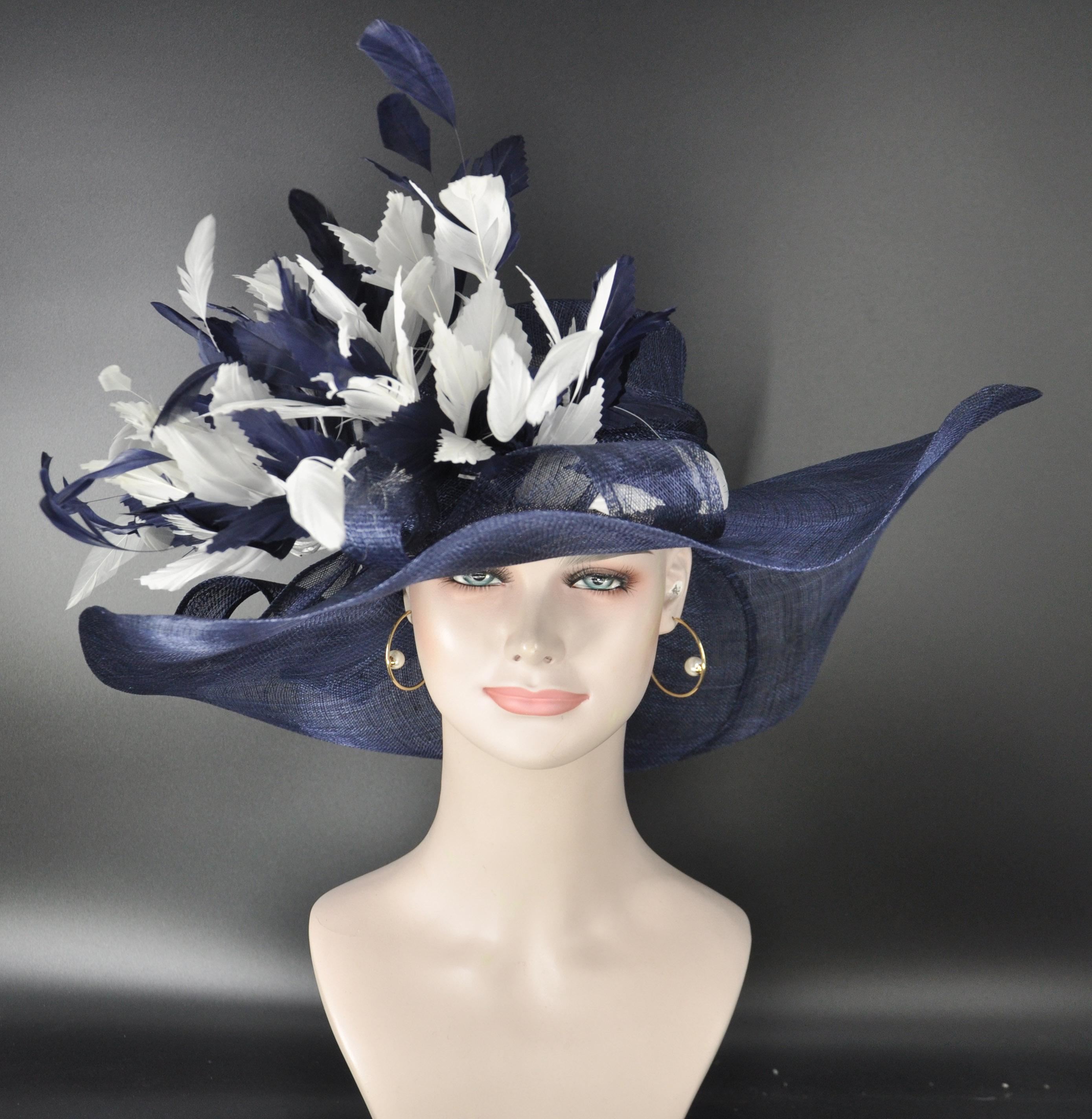 Navy Blue White Feather Flower Wide Brim Sinamay Hat  display picture 3