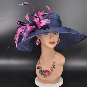 Navy Blue with Hot Pink Feather Flowers Kentucky Derby Hat Tea Party Carriage Party  Royal AscotWide Brim  Sinamay Hat