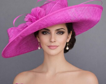 Fuchsia Pink Wide Brim Kentucky Derby Hat,Ascot Hat for Wedding & Tea Party, Garden Party Hat, Mother of the Bride, Church