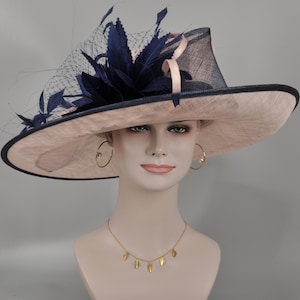 Pu&ograve; includere: Un cappello a tesa larga con base in paglia rosa e bordatura blu navy. Il cappello &egrave; decorato con una grande piuma blu navy e una rete.