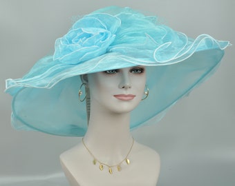 Light Blue Organza Derby Hat, Wide Brim, Bow & Flower - Etsy display picture 3