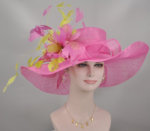 Elegant Wide Brim Pink Bow Feathered Hat w Rhinestone Brooch Headwear Derby Tea White Pink Feather Wide Brim Kentucky Derby Hat,ascot Hat  main image 3