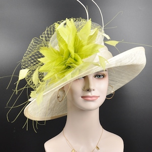 Church Kentucky Derby Hat Carriage Tea Party Wedding Hat Royal Ascot Horse Race Oaks day hat Off White w Lime Green( More colors options)