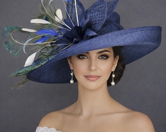 Wide Brim Kentucky Derby Hat, Ascot Hat for Wedding & Tea Party, Garden Party Hat, Mother of the Bride, Church Navy Blue Powder Blue Peacock