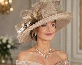 Taupe Wide Brim Sinamay Hat for Kentucky Derby, Ascot Racing Hat, Elegant Wedding Guest Hat, Mother of the Bride Hat