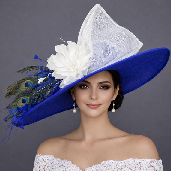 Royal Blue White Feather Flower Wide Brim Sinamay Hat  display picture 1