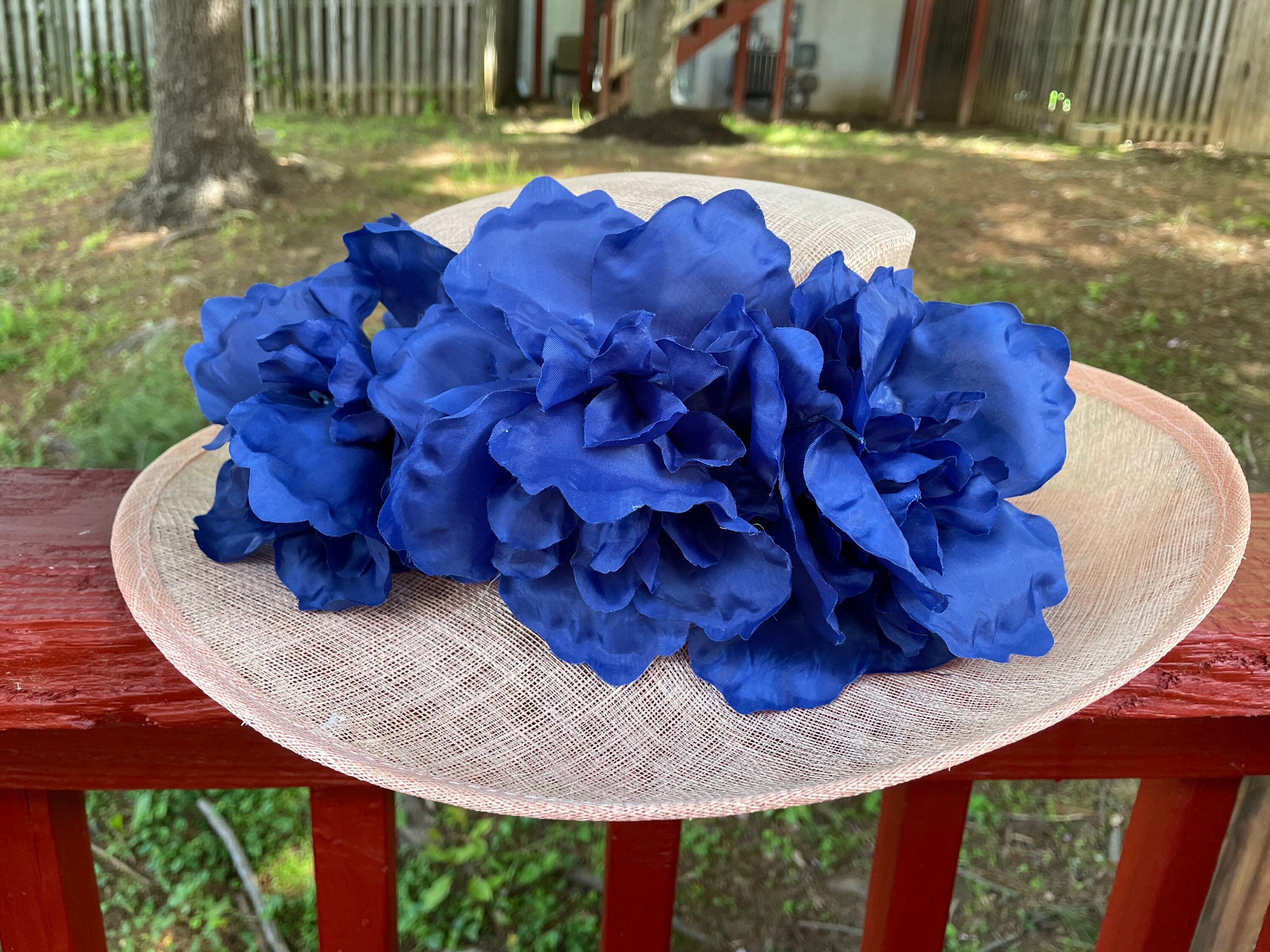 Large Wide Brimmed Sinamay Hat Swirl Detail With Satin Flowers