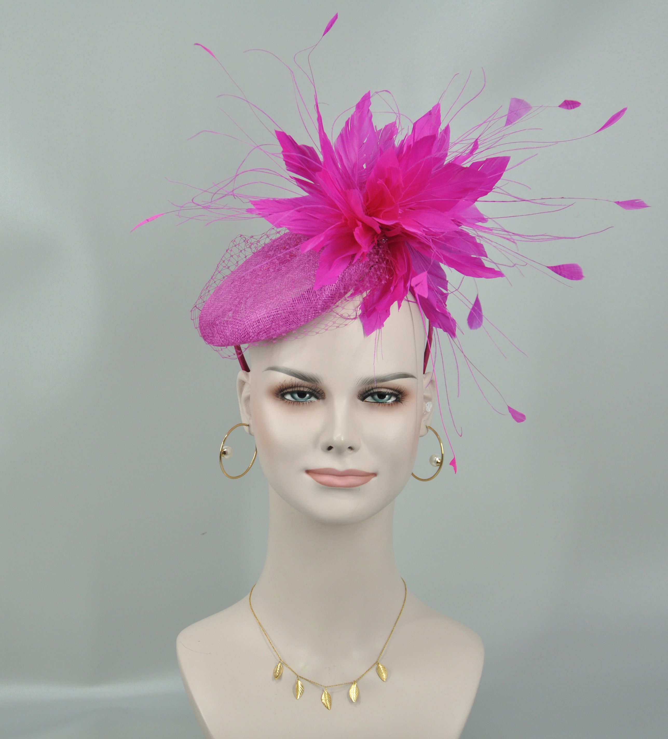 Hot Pink Sinamay Fascinator Hat: Feather Flower Headband - Etsy
