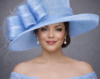 Cappello Kentucky Derby a tesa larga azzurro chiaro, cappello Ascot per matrimoni e tea party, cappello per feste in giardino, cappello per la madre della sposa, cappello da chiesa