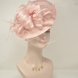 Sinamay Disc Fascinator With Feathers and Netting Blush Pink/dusty Pink ...