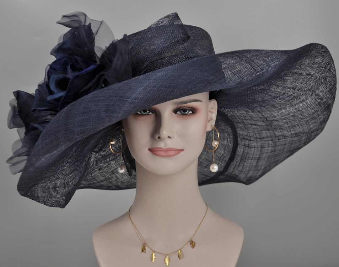 Navy Blue Silk Flower Wide Brim Sinamay Hat Kentucky Derby Etsy