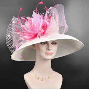 White w Fuchsia Hot Pink and Pink Lavender  Feather Flower Kentucky Derby Hat Tea Party Carriage Party  Royal Ascot Wide Brim Sinamay Hat