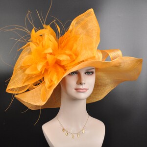 Orange w Feather Flower Jumbo Bow Kentucky Derby Hat, Church Hat, Wedding Hat, Easter Hat, Tea Party Hat