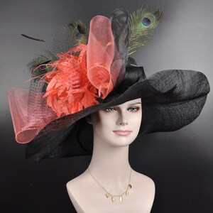 Black with Coral Pink  Bow and Feather Flowers Kentucky Derby Hat,  Tea Party Hat Wide Brim  Sinamay  Hat